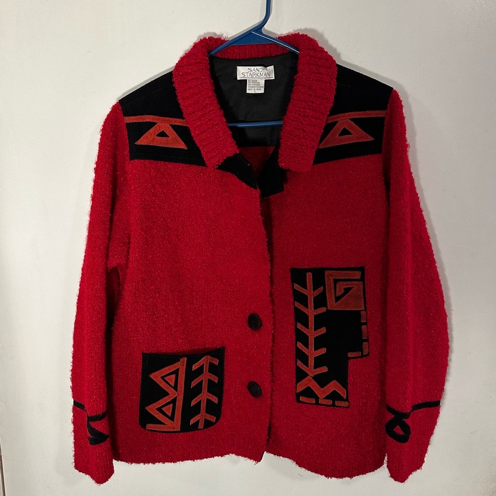 Vibrant Red‎ Blazer with Bold Black Patterns